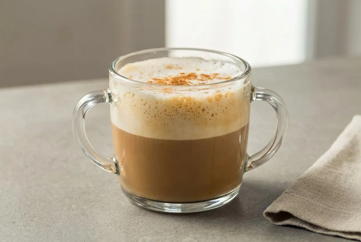 Un chai tea latte maison servi dans une tasse en céramique, avec une mousse de lait crémeuse et une pincée de cannelle en poudre sur le