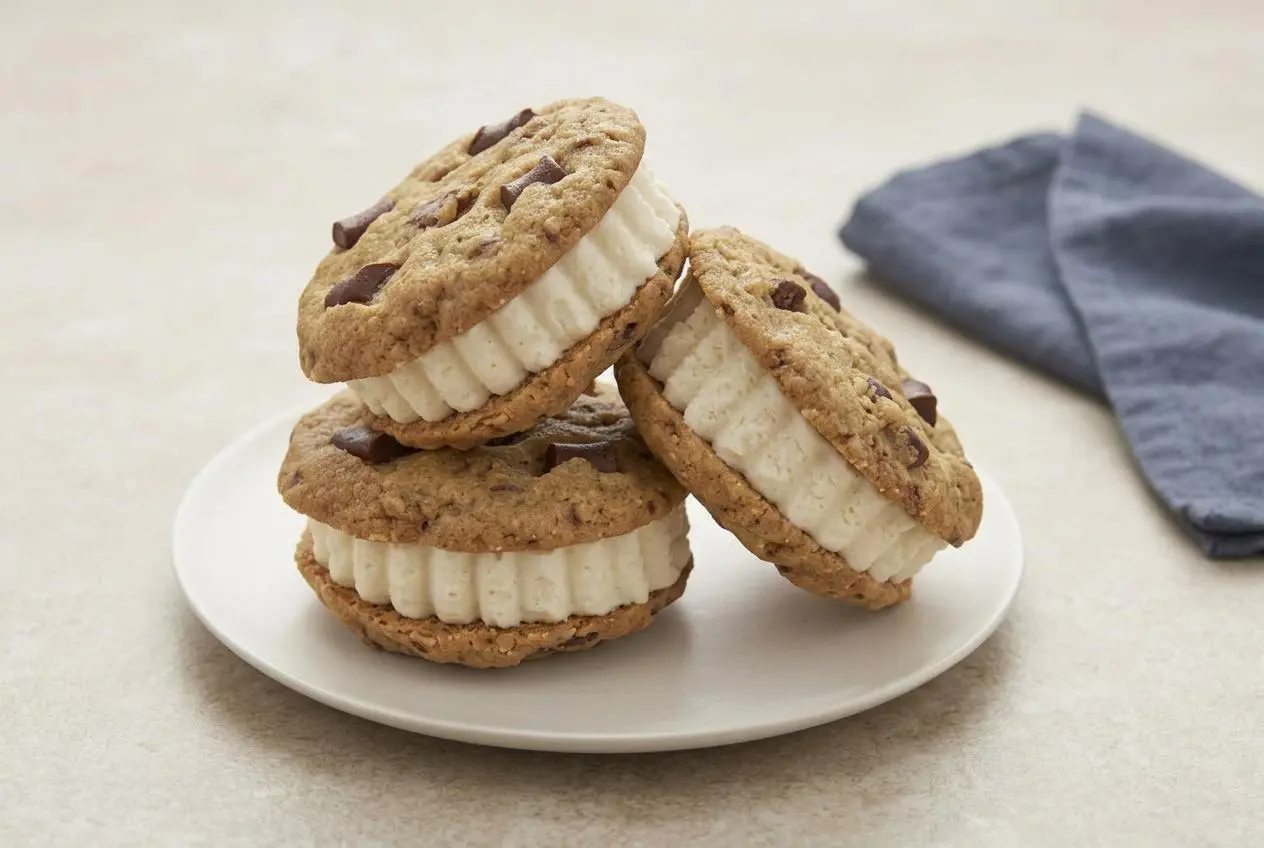Trois cookies façon sandwichs glacés empilés sur une assiette, montrant les biscuits dorés aux pépites de chocolat et la garniture épaisse