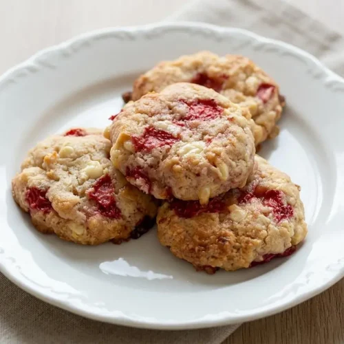Cookies fraise-chocolat blanc moelleux empilés, avec des morceaux de fraises et des pépites de chocolat blanc bien visibles.