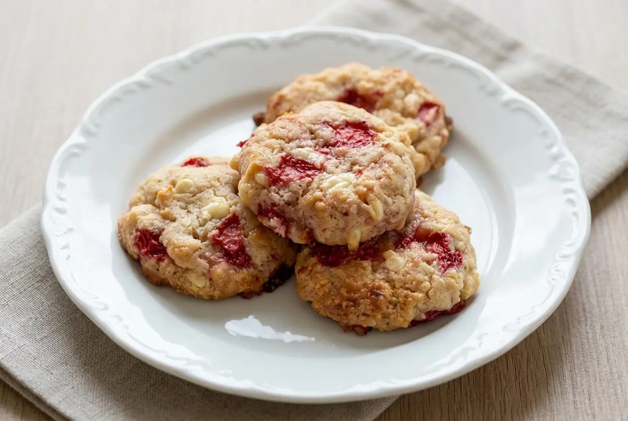 Cookies fraise-chocolat blanc moelleux empilés, avec des morceaux de fraises et des pépites de chocolat blanc bien visibles.