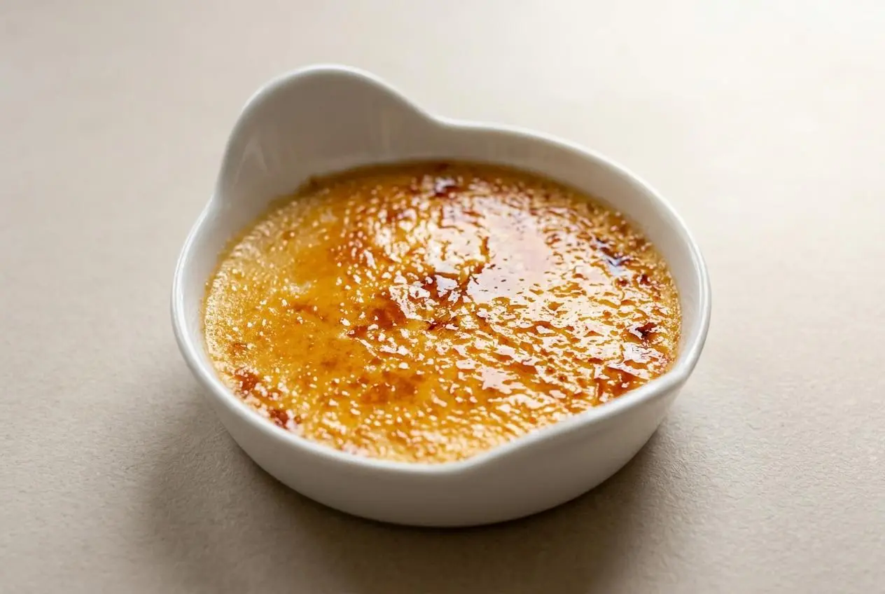Crème catalane traditionnelle servie dans un ramequin, avec sa fine croûte de caramel ambré et brillante sur le dessus.