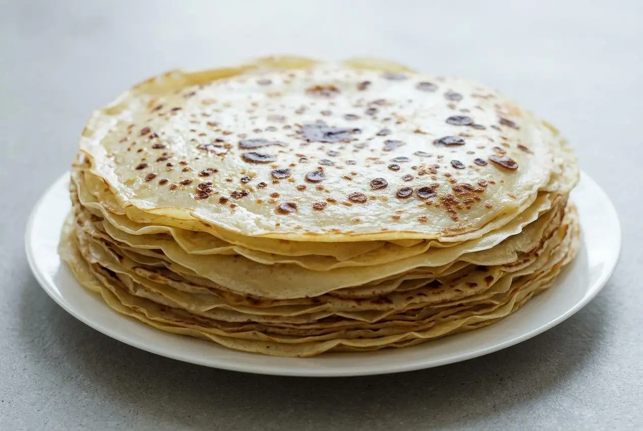 Pile de crêpes sans lait dorées et moelleuses, pliées en quatre sur une assiette blanche.