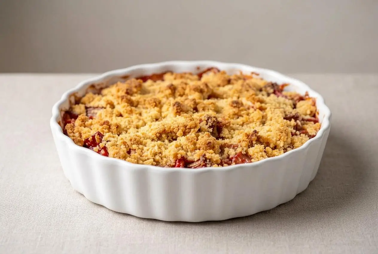 Crumble à la rhubarbe cuit dans un plat en céramique blanc, montrant une croûte dorée et croustillante et des bulles de jus de fruit rose