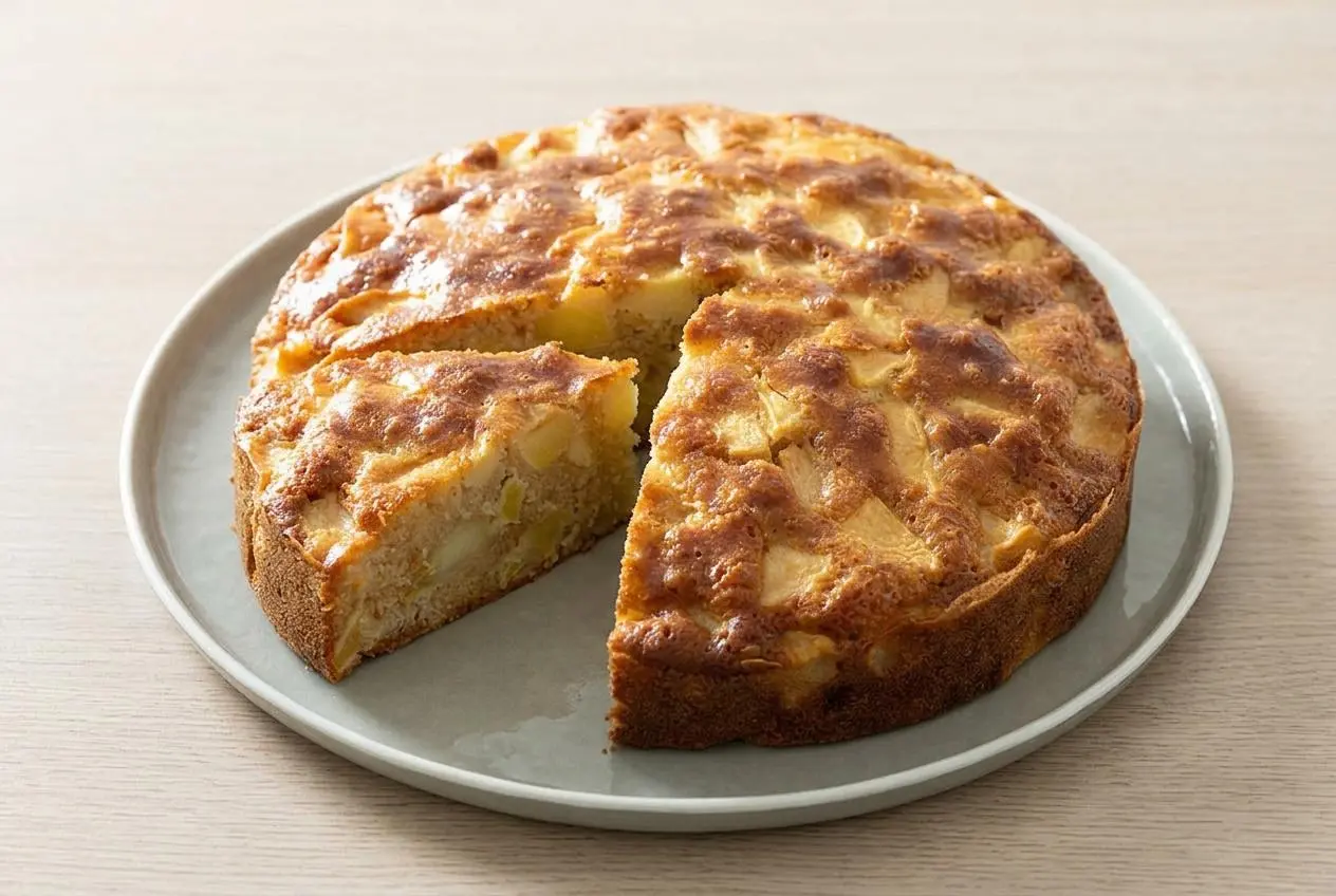 Gâteau aux pommes facile entier, avec une croûte dorée et une mie visiblement moelleuse et fondante.