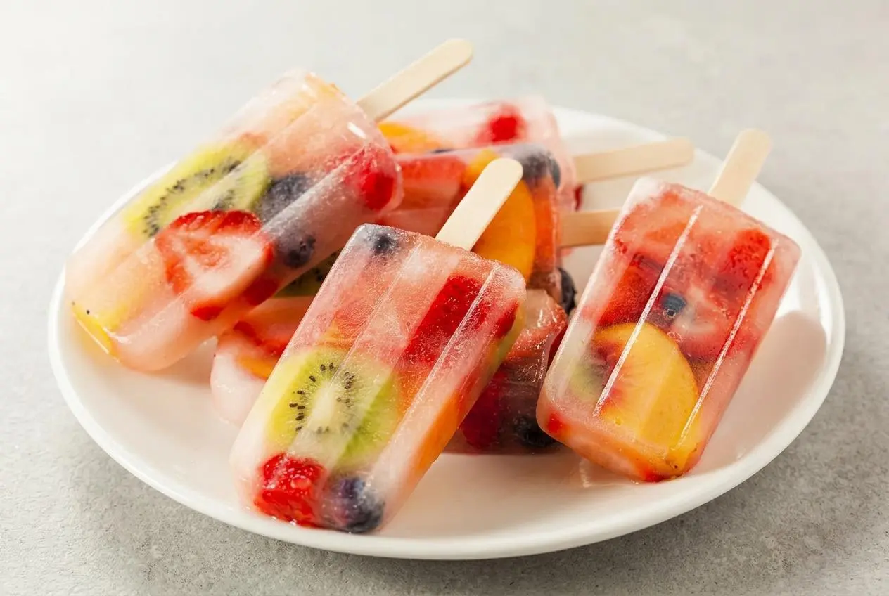Quatre glaces à l'eau aux fruits rouges dans leur moule en céramique blanc, l'une d'elles est soulevée, montrant sa texture glacée.