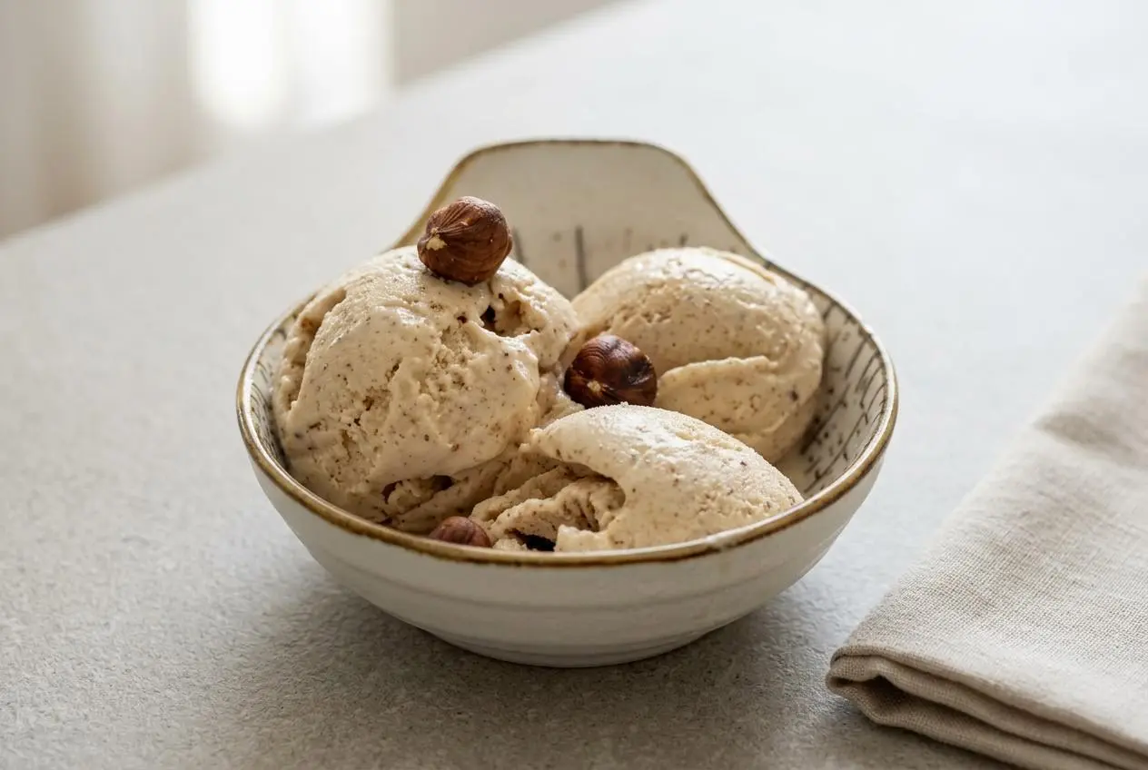 Plusieurs boules de glace à la noisette maison onctueuse servies dans un bac en verre, parsemées de fins éclats de noisettes.