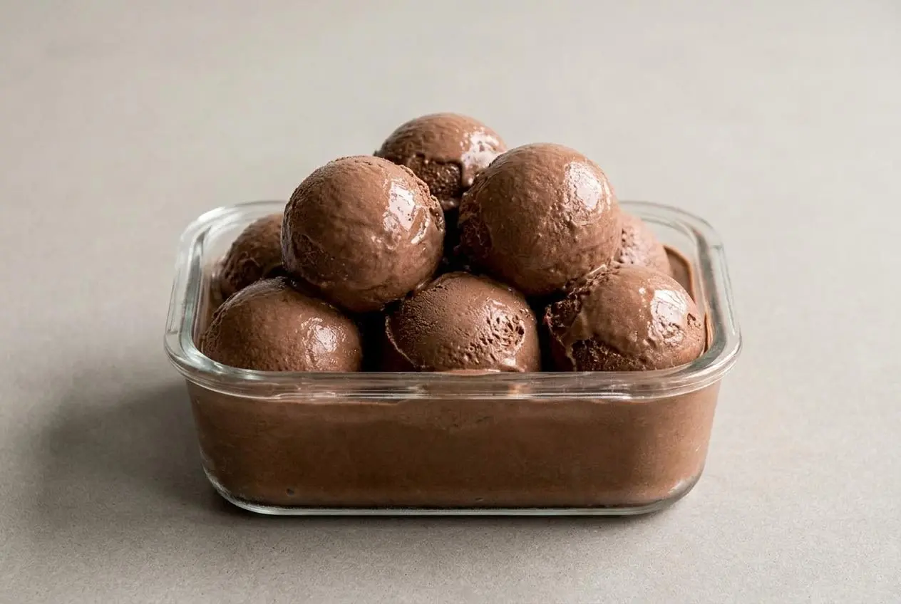 Une boule de glace au chocolat riche et onctueuse en train d'être prélevée d'un bac en céramique blanc avec une cuillère à glace.