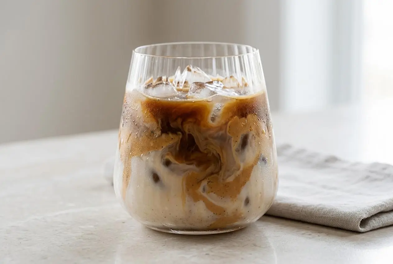 Latte glacé vanille cacahuètes crémeux dans un grand verre, avec une séparation nette entre le lait d'avoine et la couche de