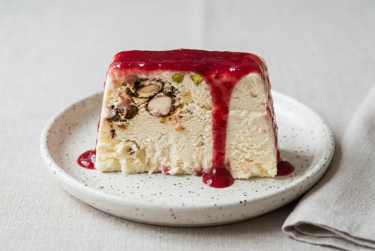 Une tranche de nougat glacé crémeux, parsemée de pistaches concassées et nappée d'un coulis de framboise, servie sur une assiette blanche.
