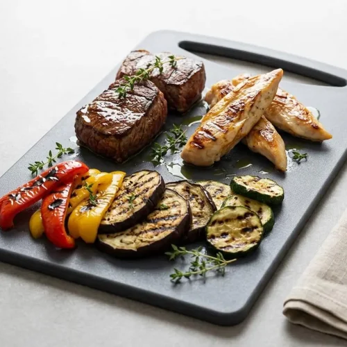Plancha de viande et légumes servie sur un grand plat, avec des morceaux de bœuf et de poulet grillés à côté de poivrons, courgettes et