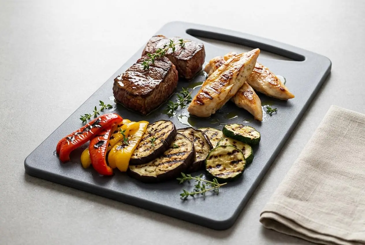 Plancha de viande et légumes servie sur un grand plat, avec des morceaux de bœuf et de poulet grillés à côté de poivrons, courgettes et