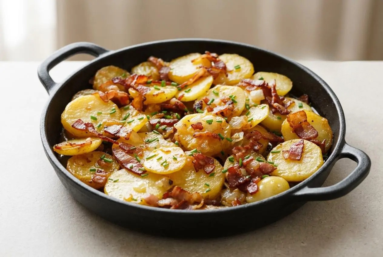 Plat de pommes de terre au cidre servi dans une cocotte en fonte noire, avec des rondelles de pommes de terre fondantes, des lardons fumés