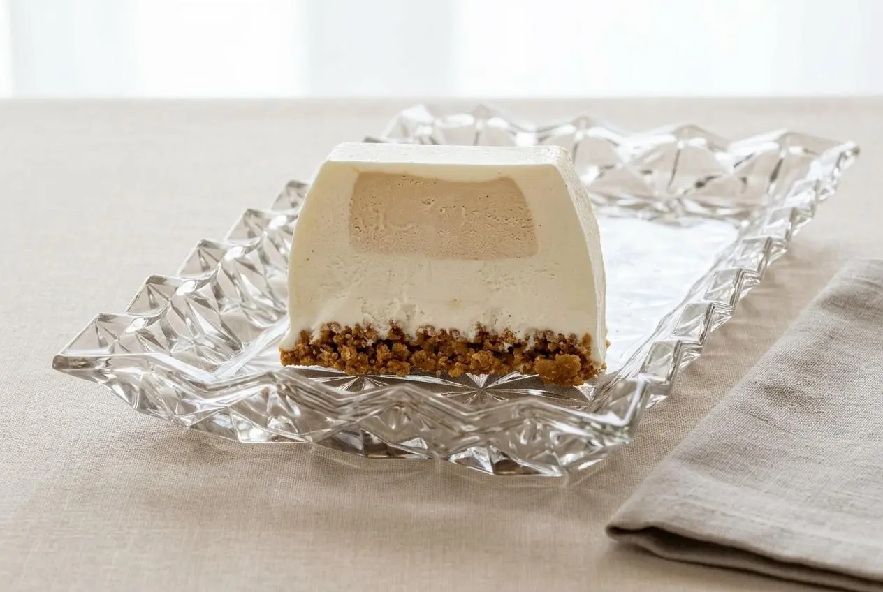 Recette de bûche glacée vanille-caramel sur un plat de service, avec une tranche coupée révélant un cœur caramel fondant et une base