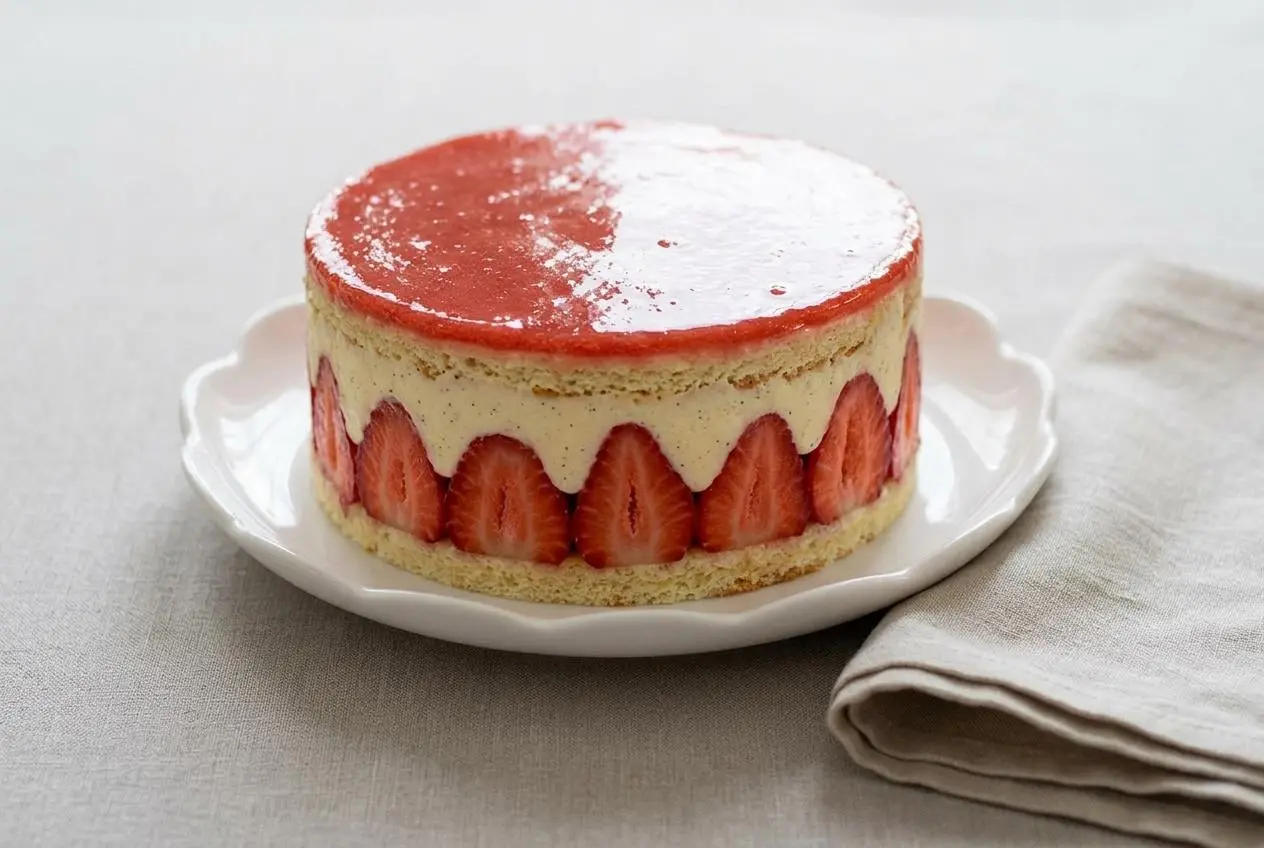 Recette fraisier Yann Couvreur entier et parfaitement monté, avec des couches visibles de fraises et de crème mousseline vanillée.