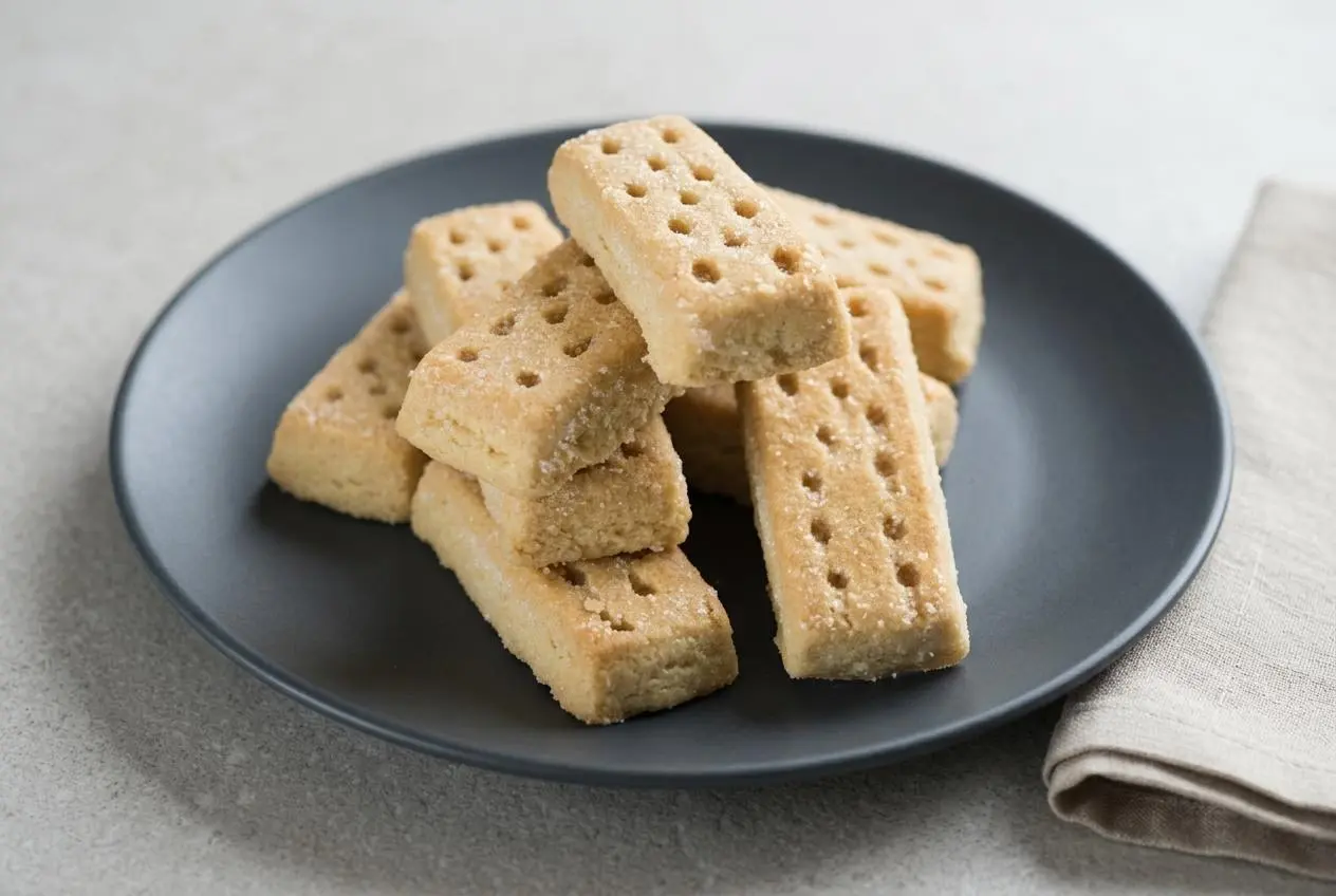 Pile de biscuits de la recette des shortbreads sur une planche en bois, avec un biscuit cassé montrant sa texture sablée et fondante.