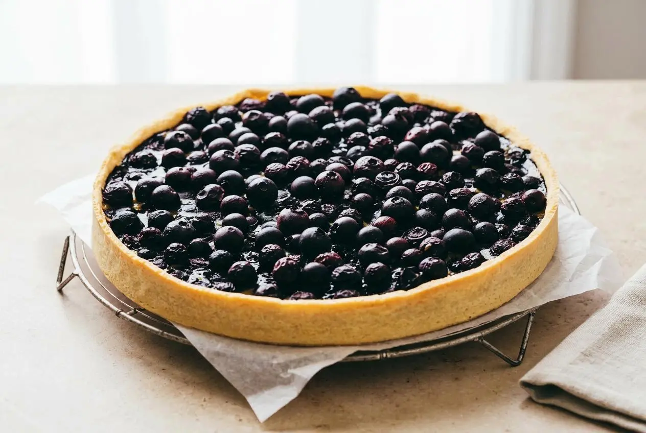 Tarte aux myrtilles entière sur une surface en bois, avec une pâte sablée dorée et une garniture crémeuse visible à travers les fruits.