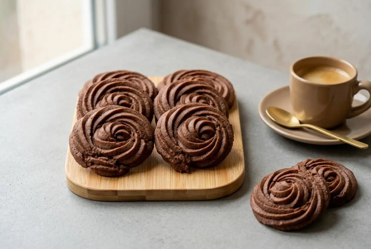 Plusieurs sablés viennois au chocolat avec des cannelures bien définies, posés sur une surface claire.