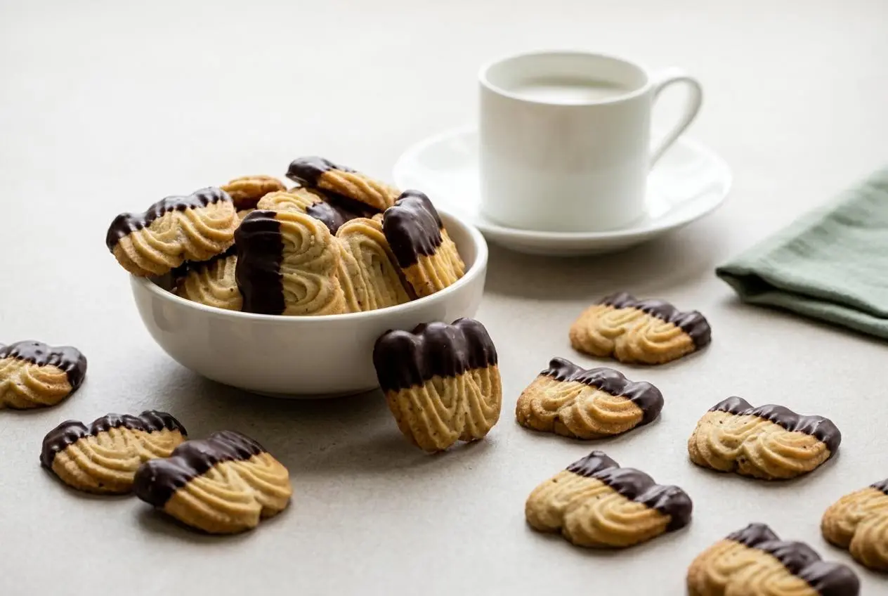Plusieurs Sablés viennois ou Spritz avec leurs stries caractéristiques, servis sur une assiette blanche, certains trempés dans du chocolat