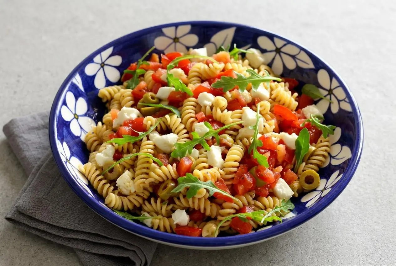 Salade de pates froide à l'italienne dans un grand bol de service, garnie de mozzarella, tomates, olives et roquette, avec une sauce