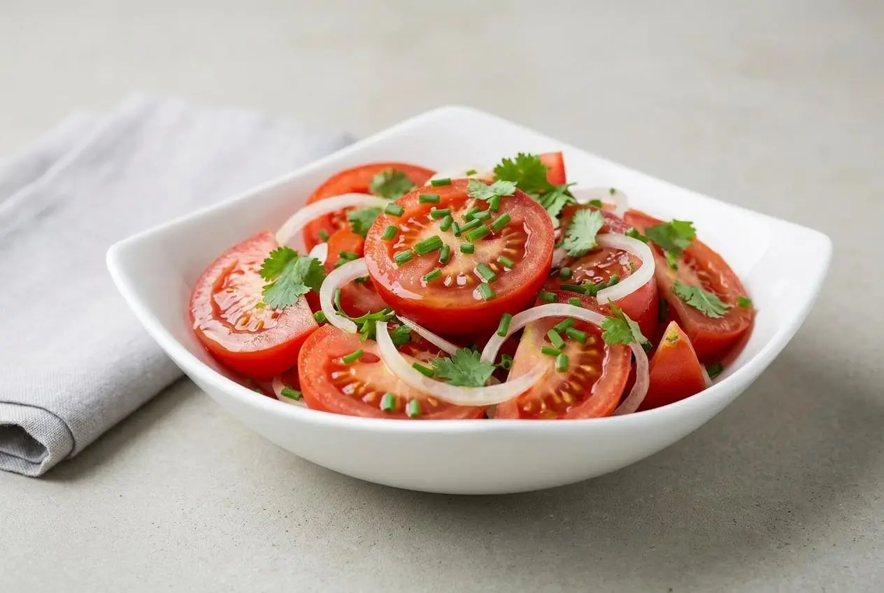 Salade de tomates fraîche dans un saladier blanc, avec des quartiers de tomates juteuses, de l'oignon émincé et des herbes fraîches.