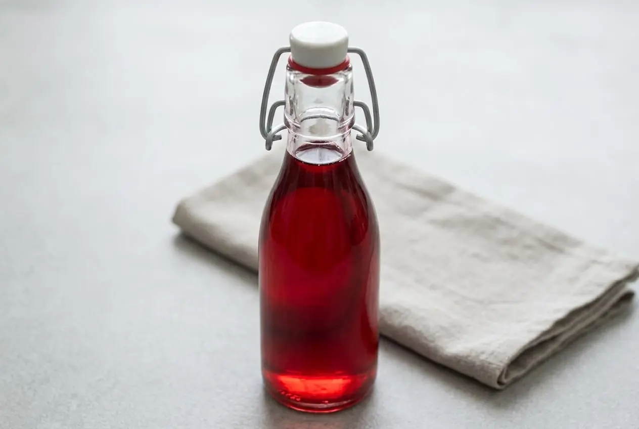 Bouteille en verre de sirop de fraise maison, d'une couleur rubis intense, à côté d'un verre et de fraises fraîches.