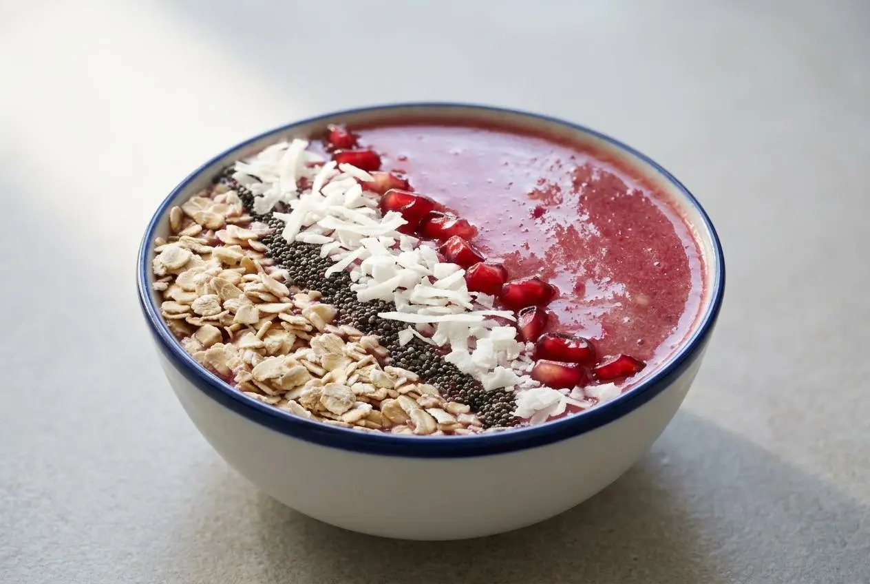 Smoothie bowl pomme-grenade rose et crémeux dans un bol blanc, garni de graines de grenade, copeaux de coco et flocons d'avoine.