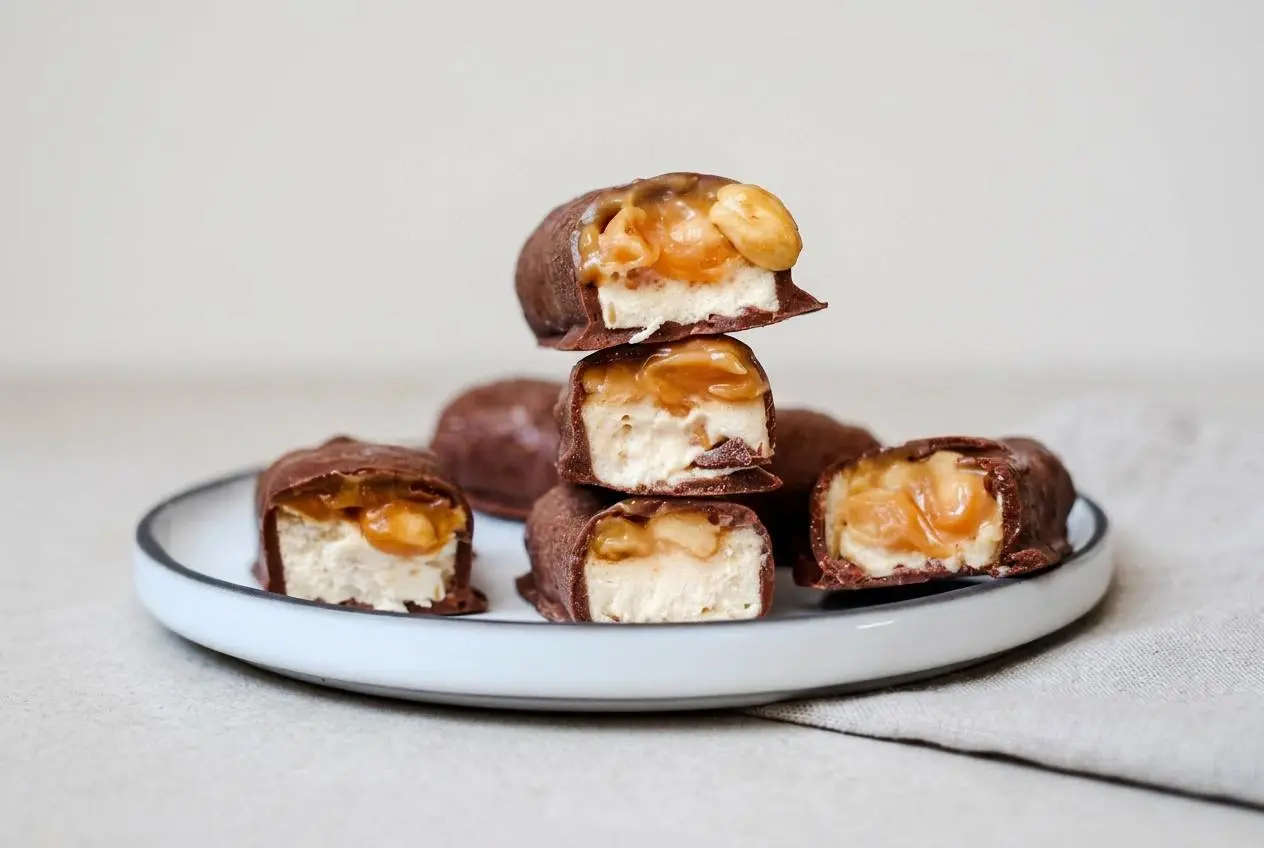 Plusieurs barres de snickers glacé maison empilées sur une ardoise, l'une coupée en deux pour montrer les couches de glace, caramel et