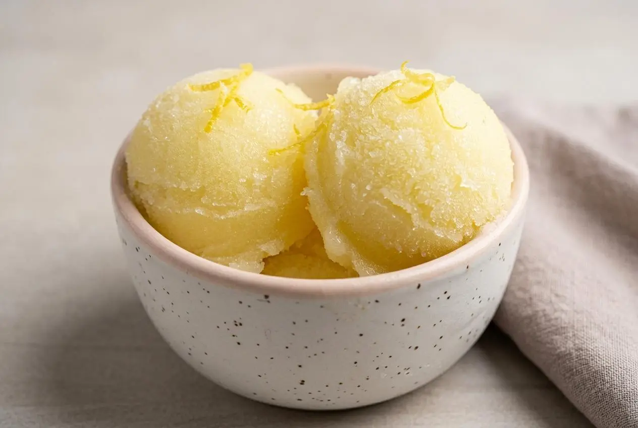 Trois boules de sorbet au citron maison onctueux servies dans un bol en verre, avec une rondelle de citron frais.