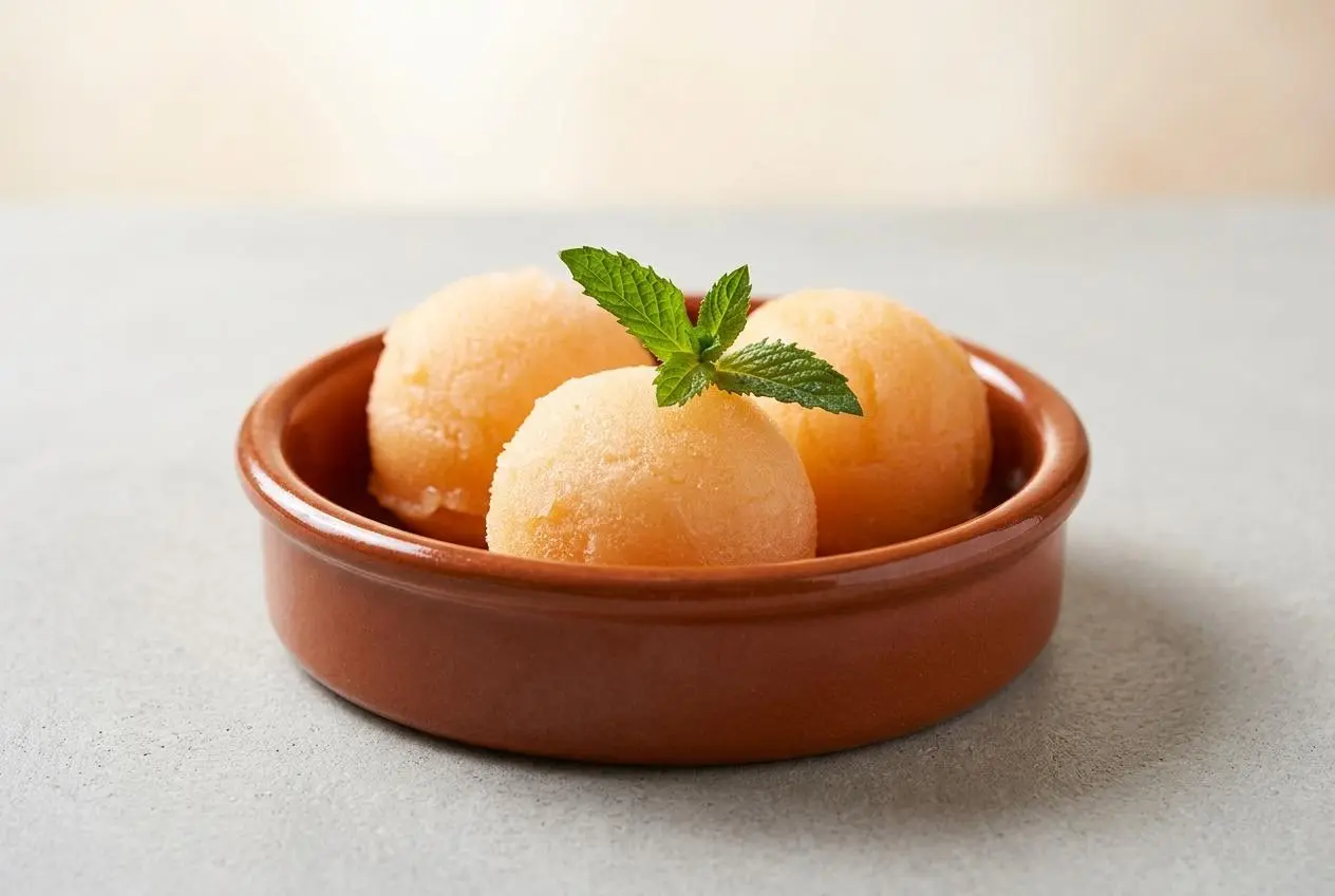 Deux boules de sorbet au melon orange vif servies dans un bol blanc, avec une texture lisse et une feuille de menthe fraîche.