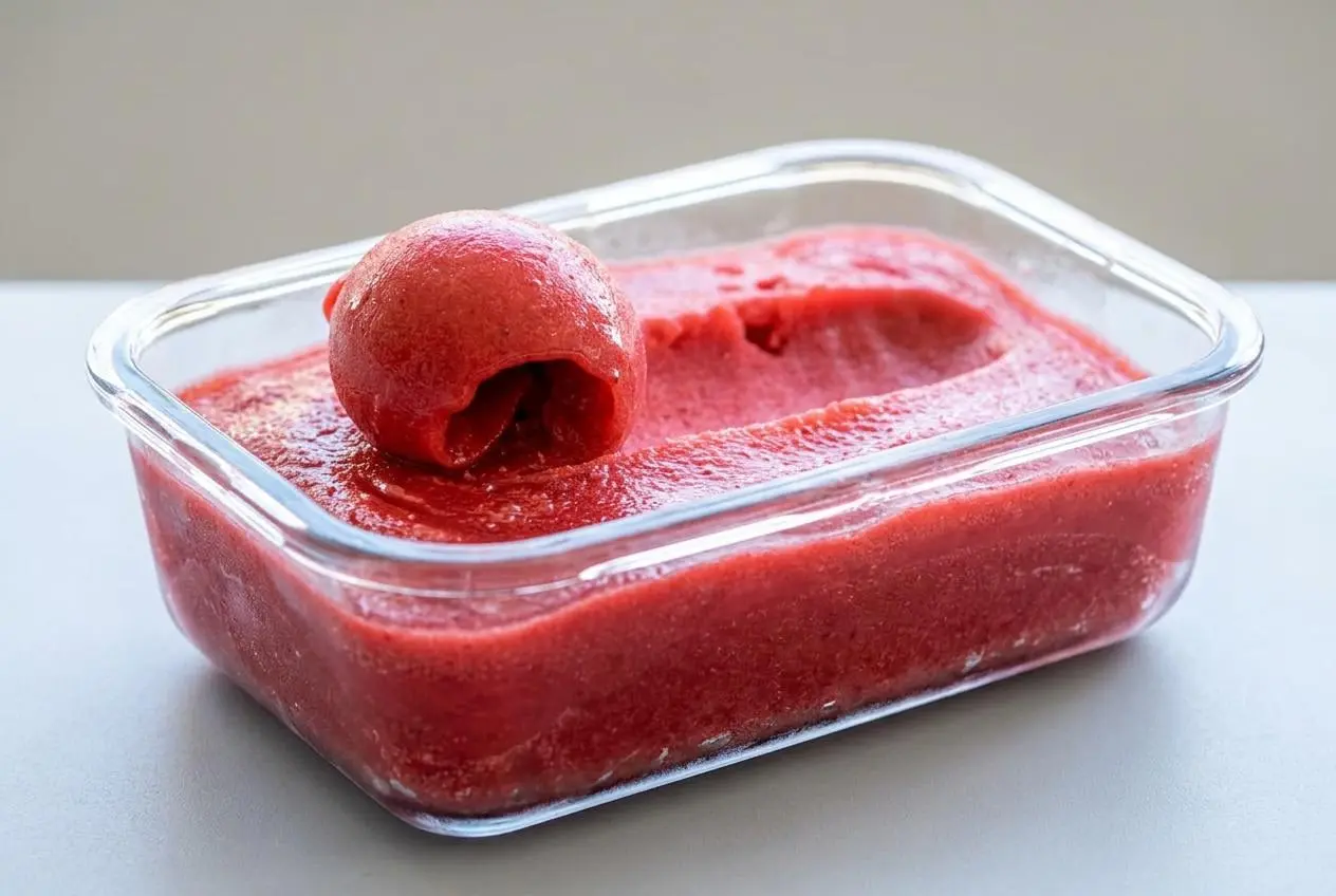 Sorbet à la fraise maison dans un bac en céramique blanche, montrant une texture onctueuse avec une boule parfaitement formée sur le dessus.