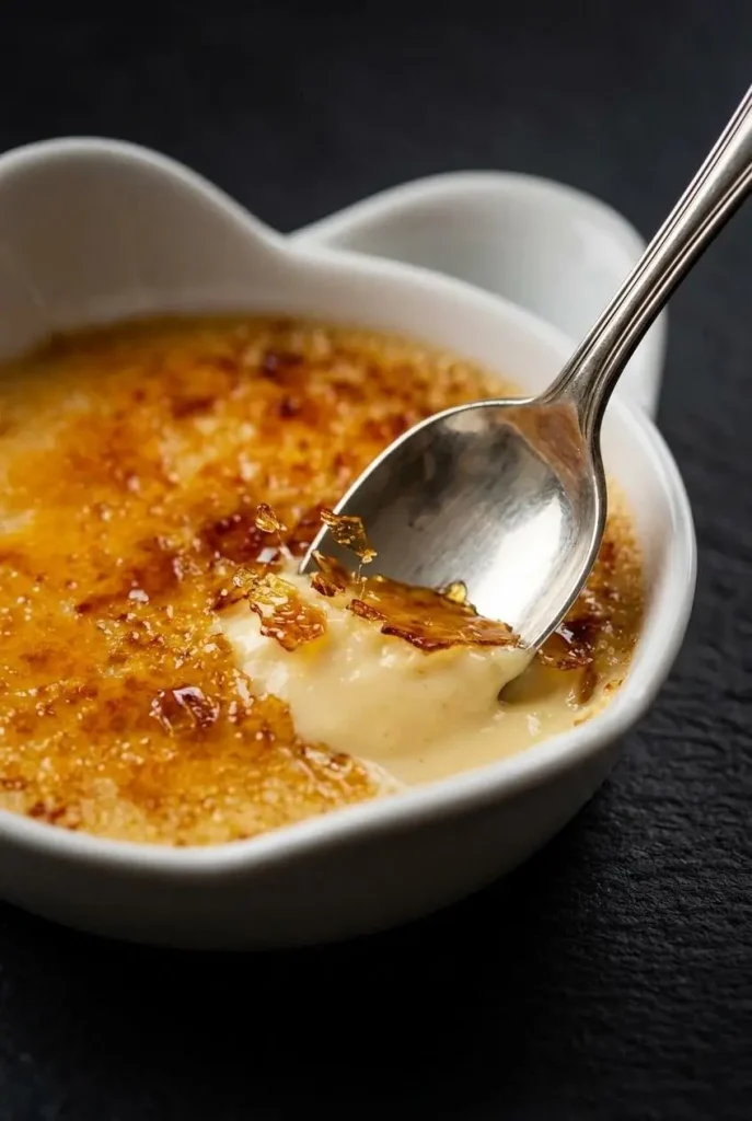 Gros plan d'une cuillère à dessert brisant la fine couche de caramel d'une crème catalane, révélant la crème onctueuse en dessous.