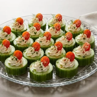 Bouchées de concombre au fromage à la crème garnies d'aneth frais et d'une demi-tomate cerise.