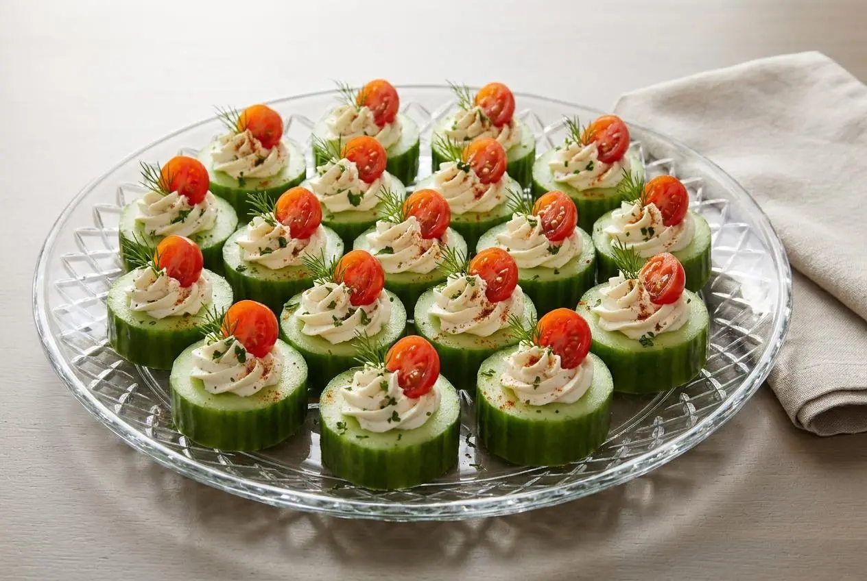 Bouchées de concombre au fromage à la crème garnies d'aneth frais et d'une demi-tomate cerise.