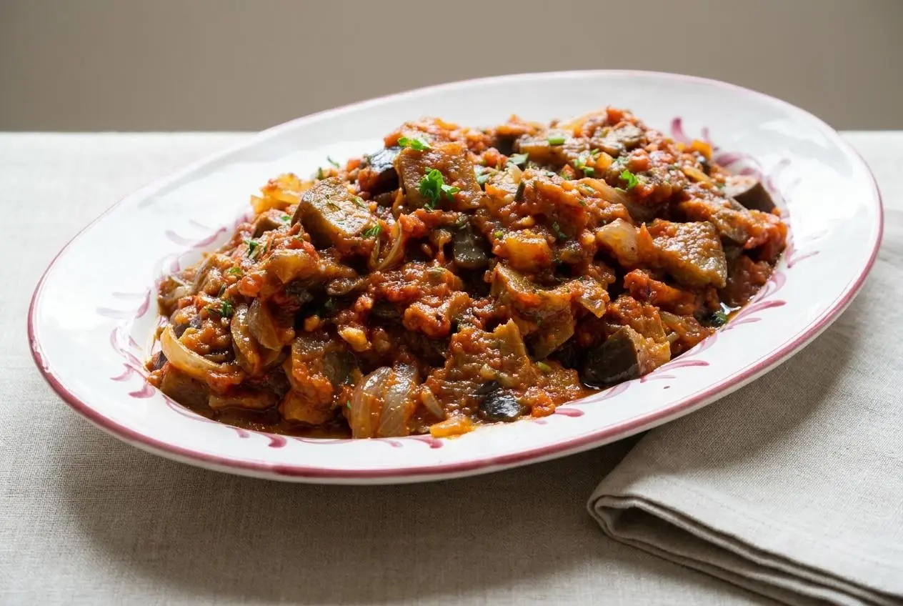 Chichoumeille languedocienne aux aubergines confites, tomates mijotées et persillade dans une cocotte.