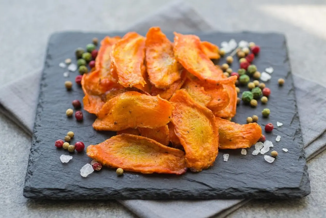 Chips de carotte au four croustillantes et finement dorees disposees dans un bol en ceramique pour l'aperitif.