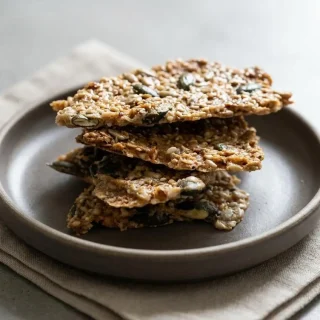 Crackers aux graines faits maison, bien dorés et croustillants, présentés sur une surface claire pour l'apéritif.