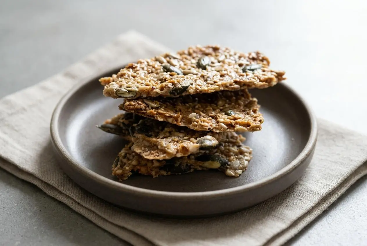 Crackers aux graines faits maison, bien dorés et croustillants, présentés sur une surface claire pour l'apéritif.