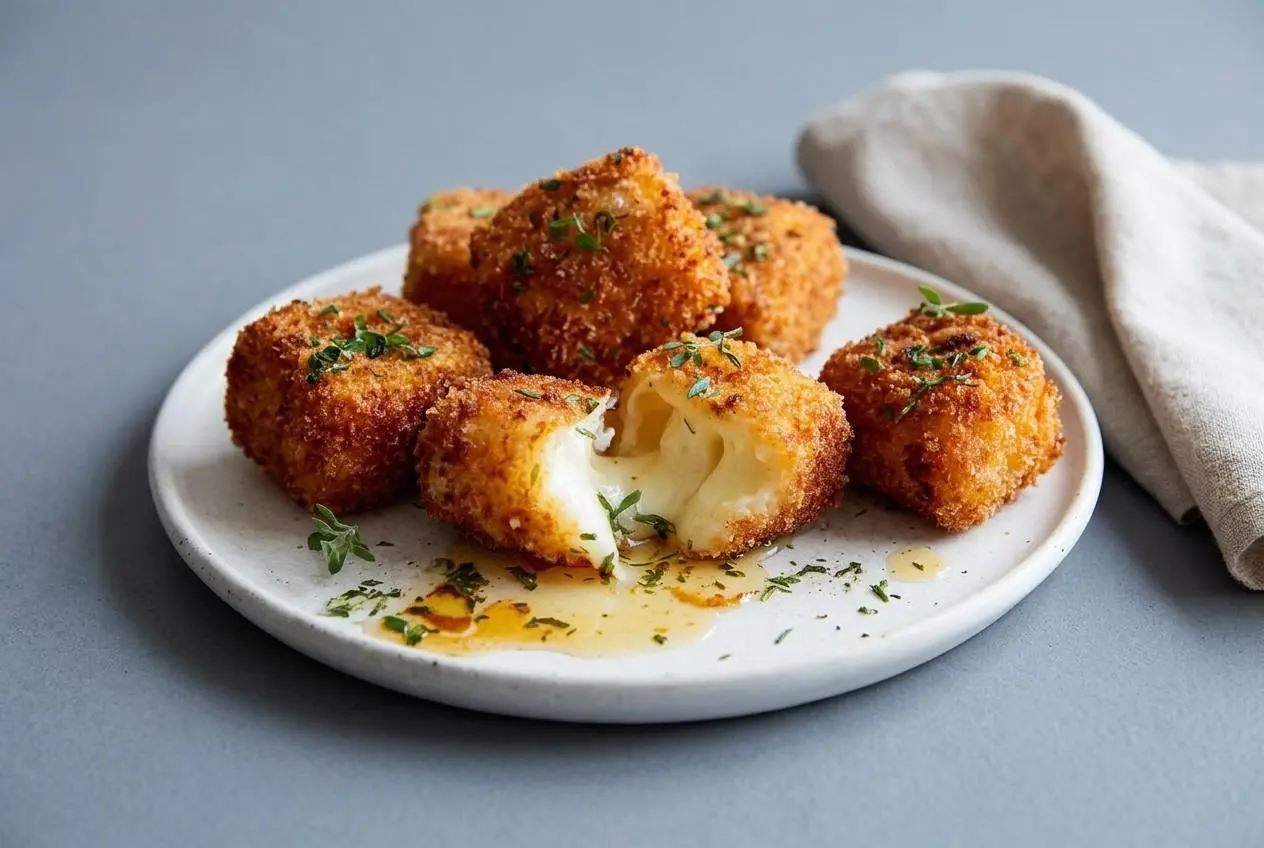 Croquettes de camembert frites bien dorees et croustillantes presentees sur un plat de service.