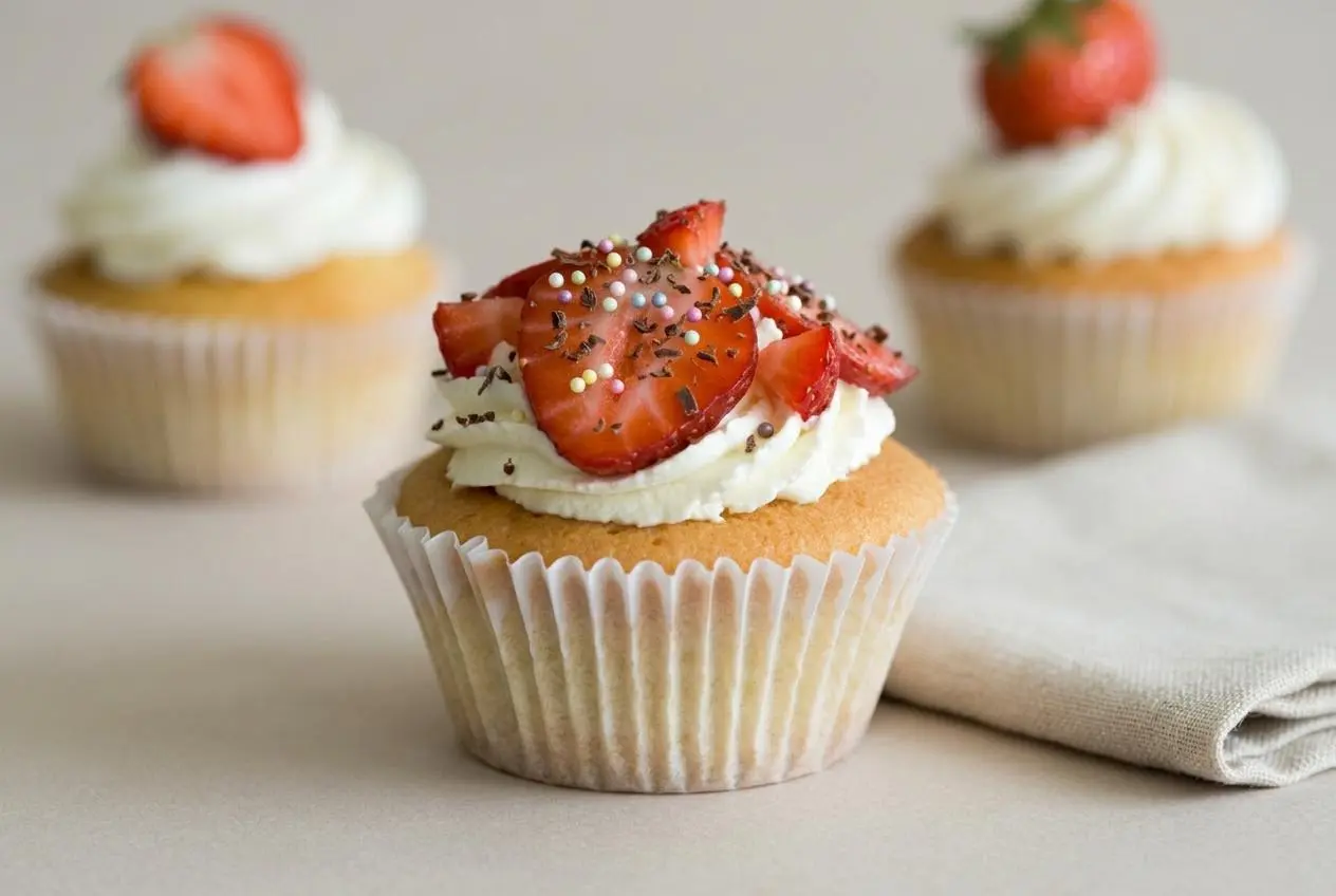 Cupcakes à la fraise décorés d'un glaçage mascarpone onctueux et de perles multicolores.