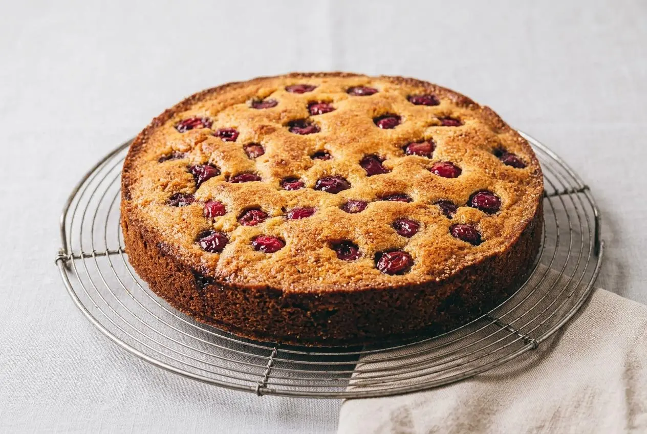 Gâteau aux cerises moelleux et doré parsemé de cerises entières brillantes juste après cuisson