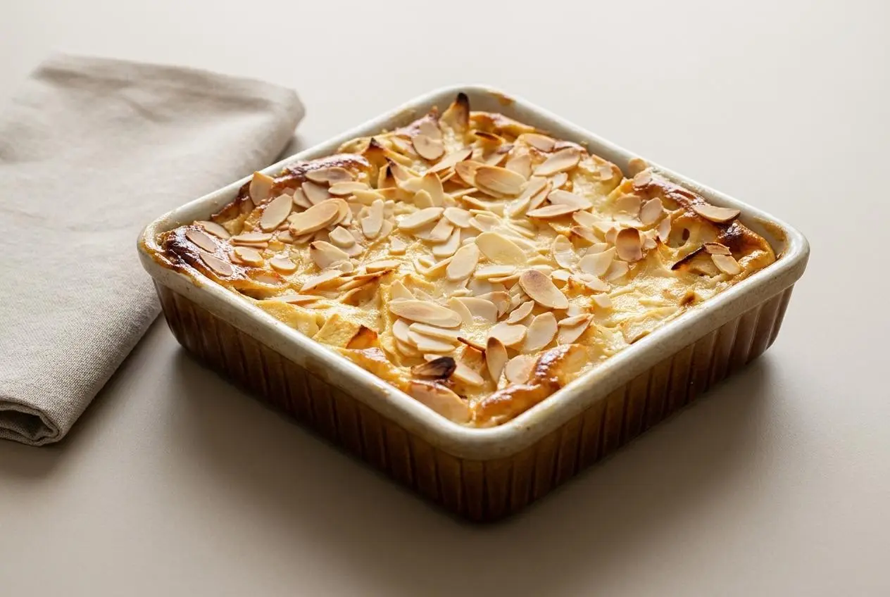 Gratin de pommes doré au four surmonté d'amandes effilées grillées dans un plat en céramique