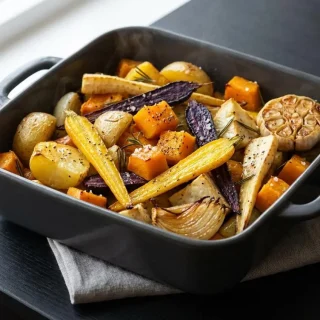 Légumes au sirop d'érable rôtis au four, dorés et caramélisés avec du romarin