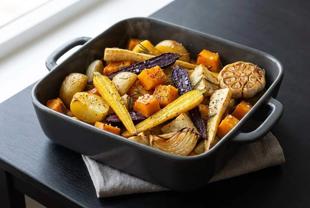 Légumes au sirop d'érable rôtis au four, dorés et caramélisés avec du romarin