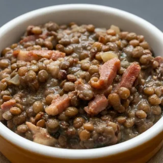 Lentilles à la crème onctueuses aux lardons dorés et oignons fondants dans un bol en céramique
