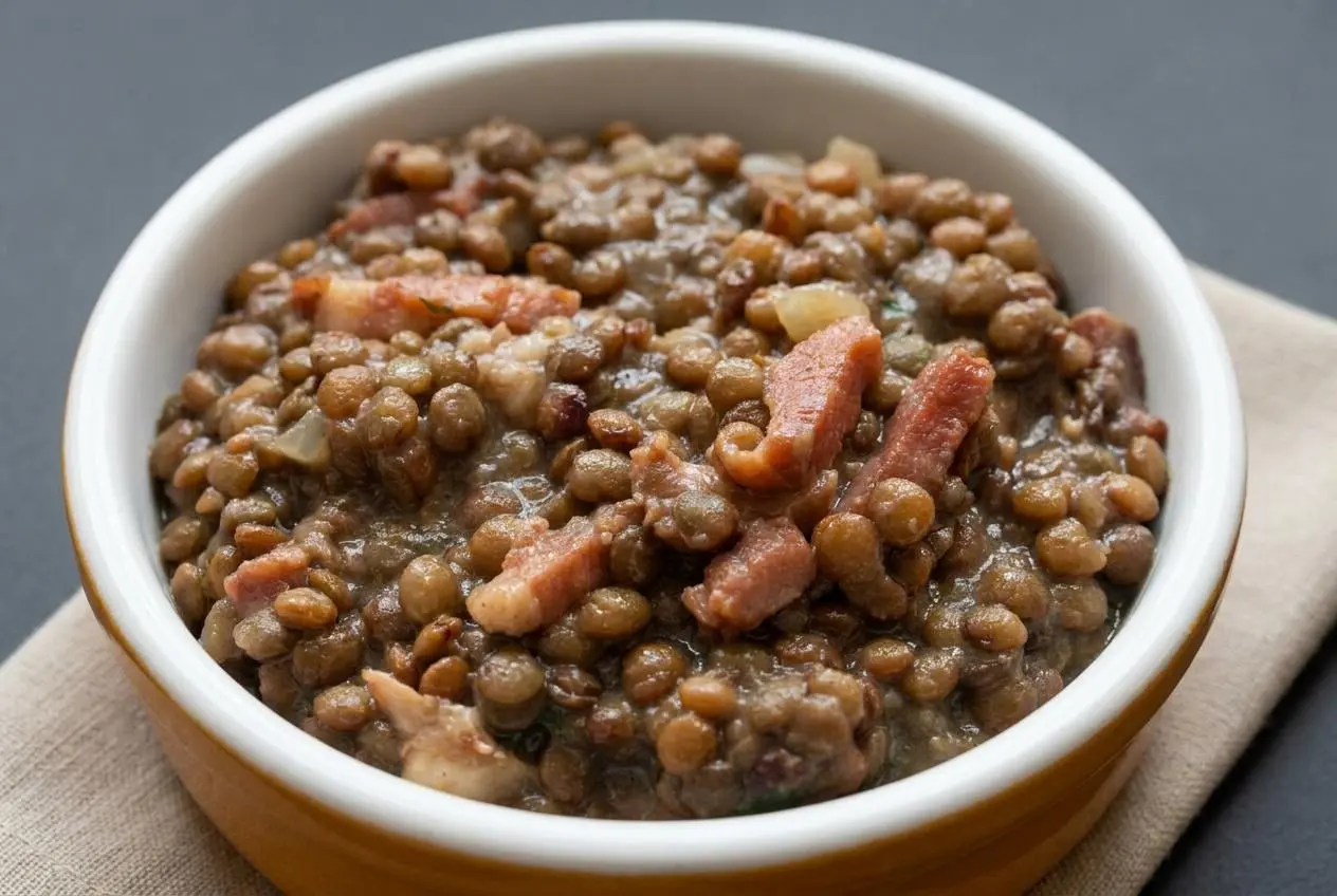 Lentilles à la crème onctueuses aux lardons dorés et oignons fondants dans un bol en céramique