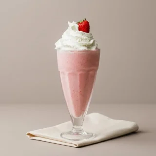 Un grand verre de milkshake à la fraise crémeux surmonté de crème chantilly et décoré d une fraise entière fraîche.