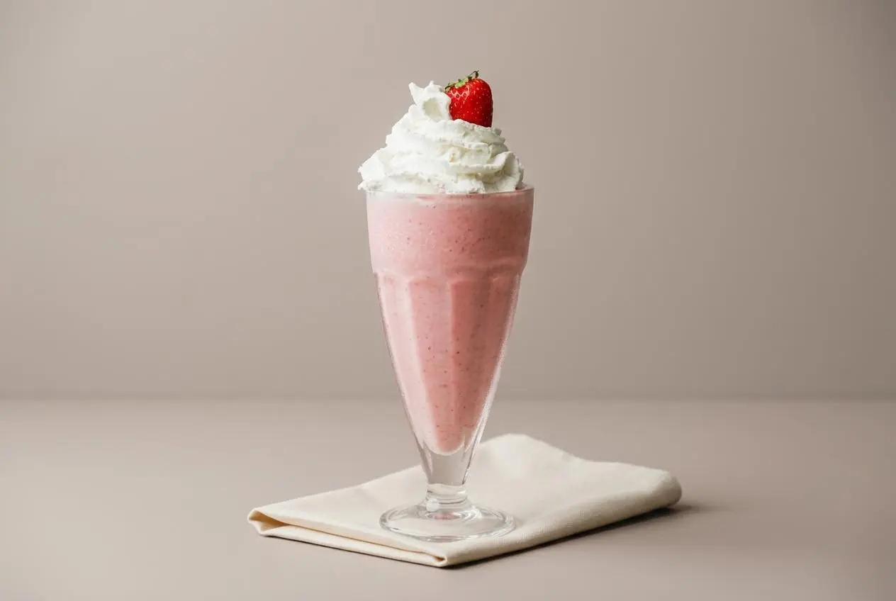 Un grand verre de milkshake à la fraise crémeux surmonté de crème chantilly et décoré d une fraise entière fraîche.