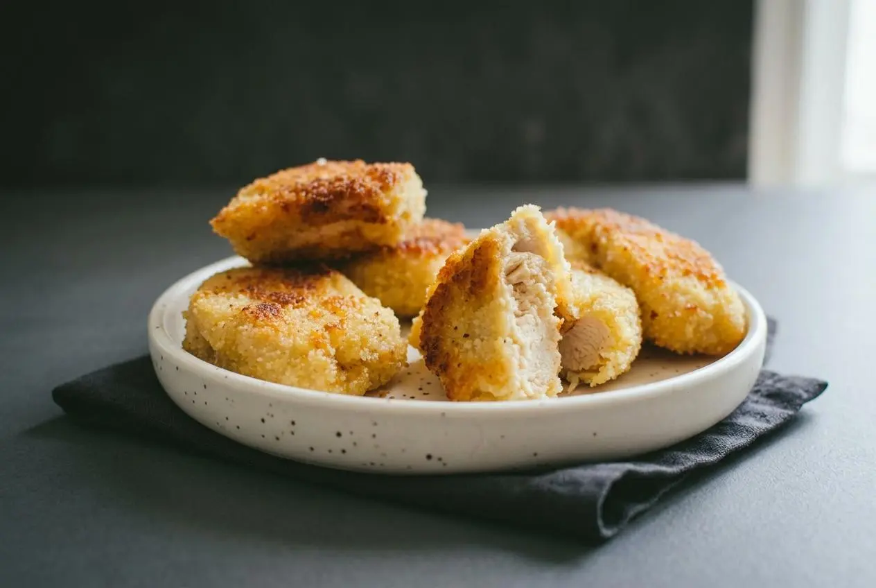 Nuggets de poulet maison d'un blond dore croustillant dresses sur une assiette