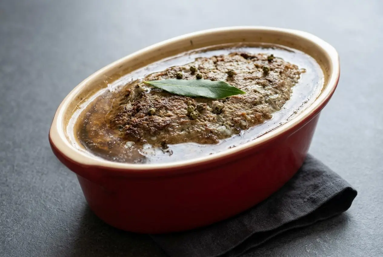 Terrine de pâté de foie de volaille traditionnel tranché dans son plat en grès