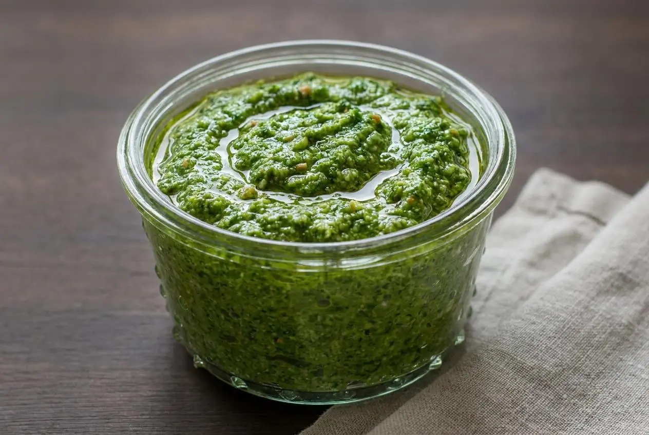 Pesto de fanes de radis vert vif et bien crémeux, présenté dans un petit ramequin gourmand